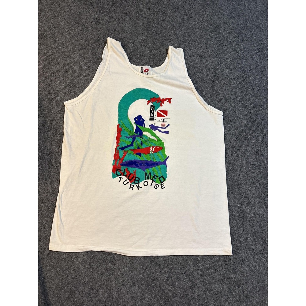 Vintage 2 Dive 4 Shirt Mens Medium White Sleeveless Club Med Turkoise Tank Top